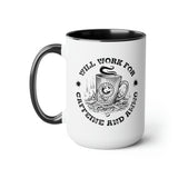 Will Work for Caffeine and Ammo, Two-Tone Coffee Mugs, 15oz