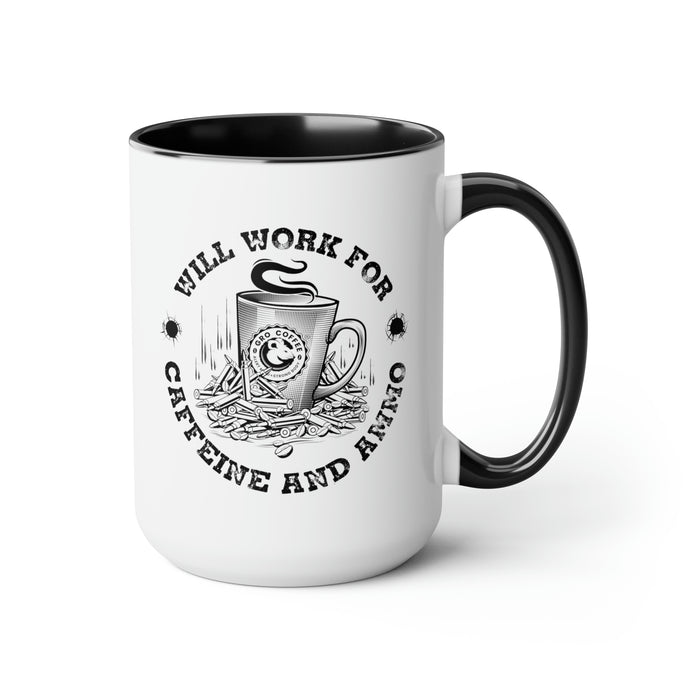 Will Work for Caffeine and Ammo, Two-Tone Coffee Mugs, 15oz